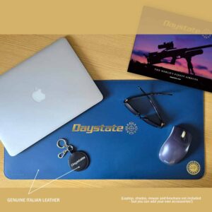 The Daystate desk mat and keyring set is made from Italian leather, with perimeter stitching and gold foil logos