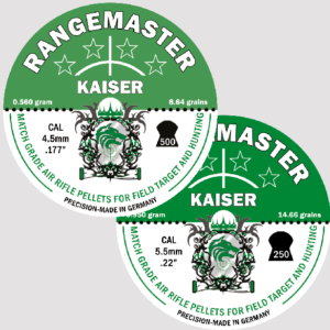 Tins of .177 and .22 RANGEMASTER KAISER Roundhead Waisted Airgun Pellets