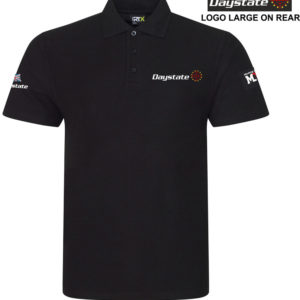 The Daystate poly-cotton Polo Shirt comes in black and is embroidered with the Daystate logos on the front, back and sleeve