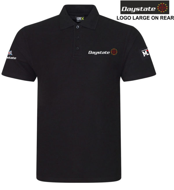 The Daystate poly-cotton Polo Shirt comes in black and is embroidered with the Daystate logos on the front, back and sleeve