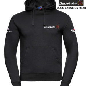 Pullover Hoodie, in black, is decorated with Daystate logos on its sleeves, front and back