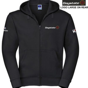 The Daystate Hoodie has a full-length front zip and logos on the front, back and long sleeves