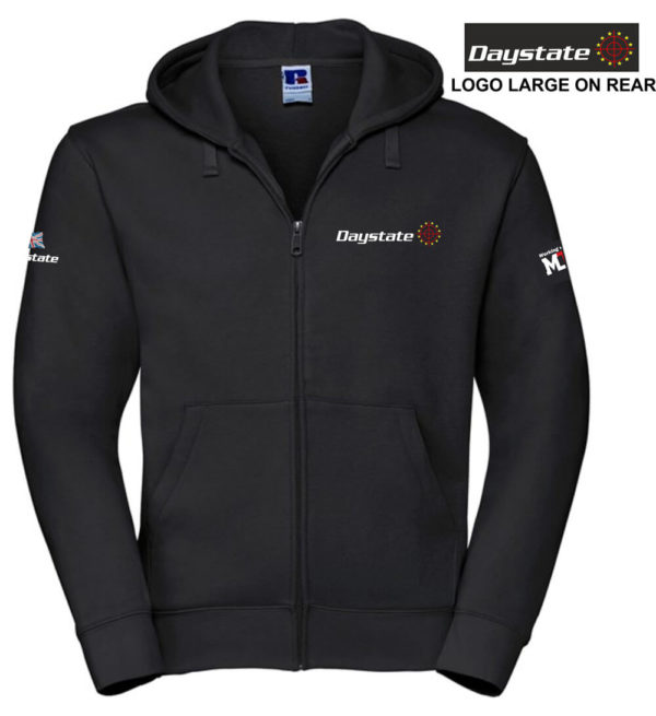 The Daystate Hoodie has a full-length front zip and logos on the front, back and long sleeves