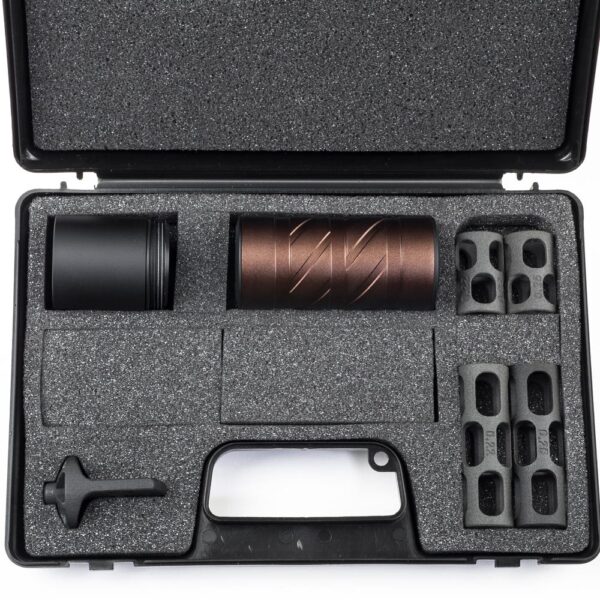 The 0dB Pro System Stealth Silencer Kit comes in a case and includes an Extension Module and spare baffles