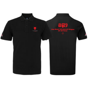 Daystate Alpha Wolf Polo Shirt in black, with the logo The Most Advanced Airgun of All Time in red